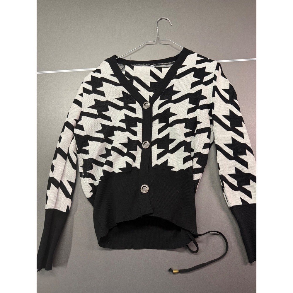 Houndstooth‎ Knit 2 Piece Set Cardigan and Joggers Black White Small chic comfy